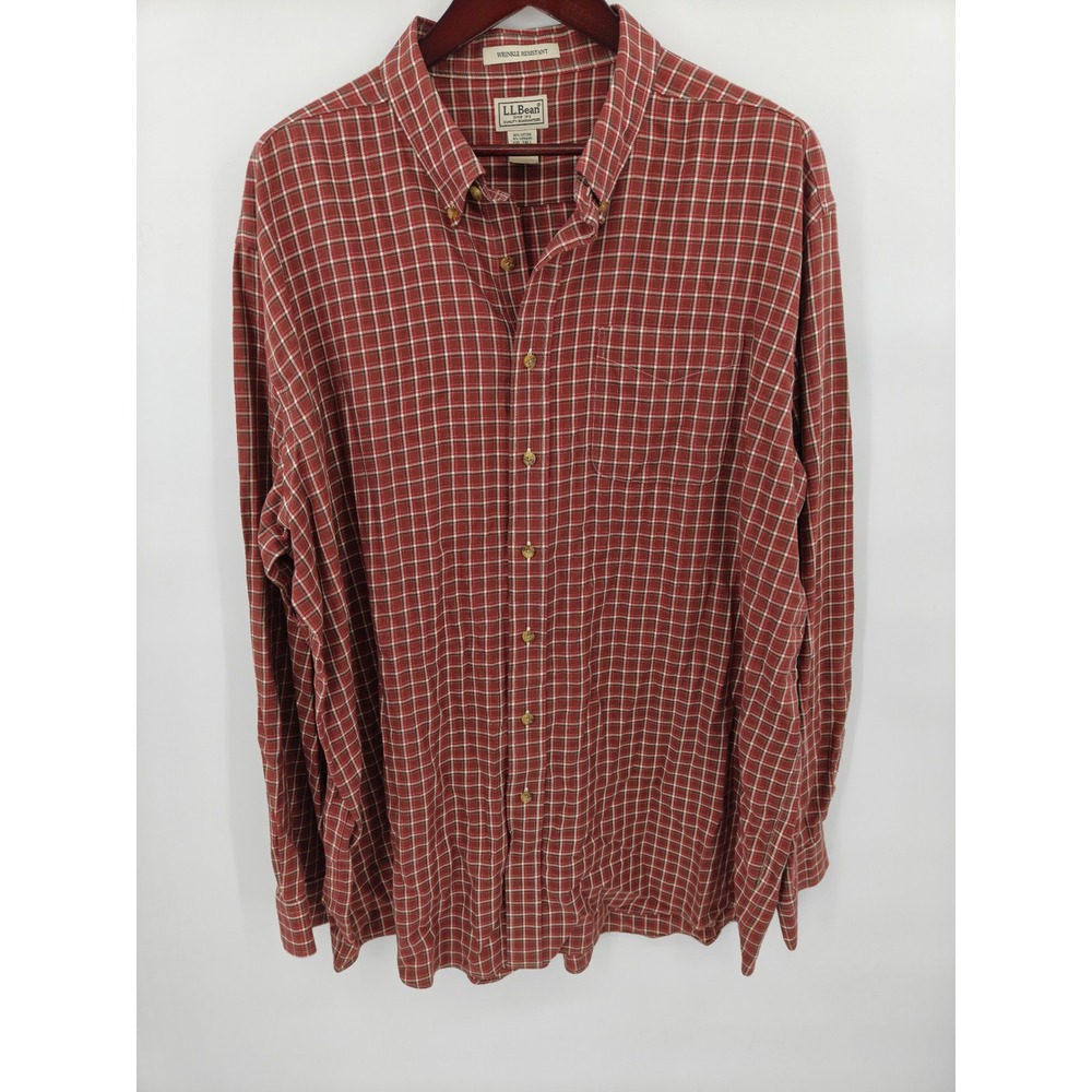 LL Bean Mens XXL Tall Red Plaid Cotton Cashmere Wrinkle Resistant Shirt 0GLS2